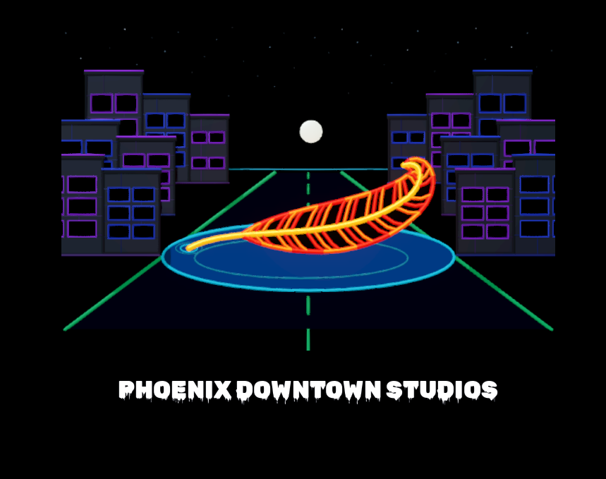A glowing red and orange phoenix feather above a blue puddle on a green road, framed by a purple city skyline at night.